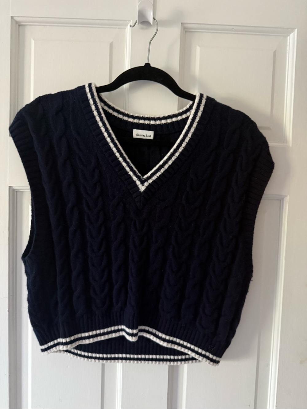 Aritzia Navy Cable-Knit V-Neck Sweater Vest with White Trim